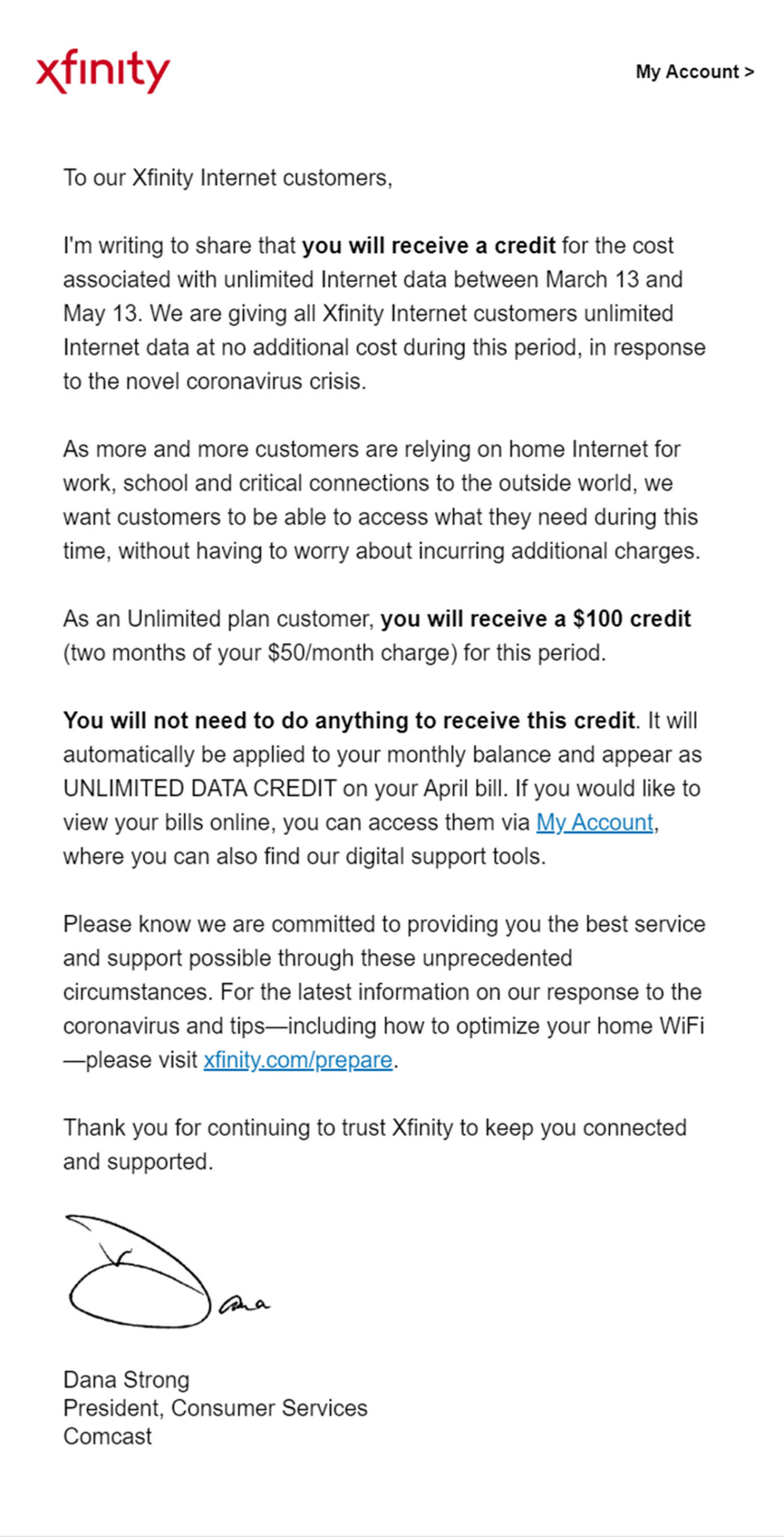 Internet Deals Xfinity COVID-19 Refund
