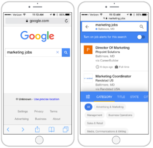 google for jobs results mobile screenshots