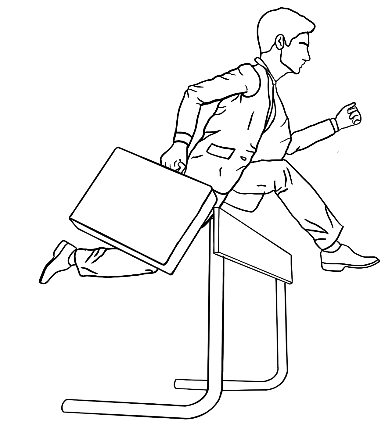 Drawing of a man in a business suit jumping over a hurdle