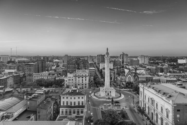Black and White photo of Baltimore, Maryland, USA cityscape at Mt. Vernon and the Washington Monument.