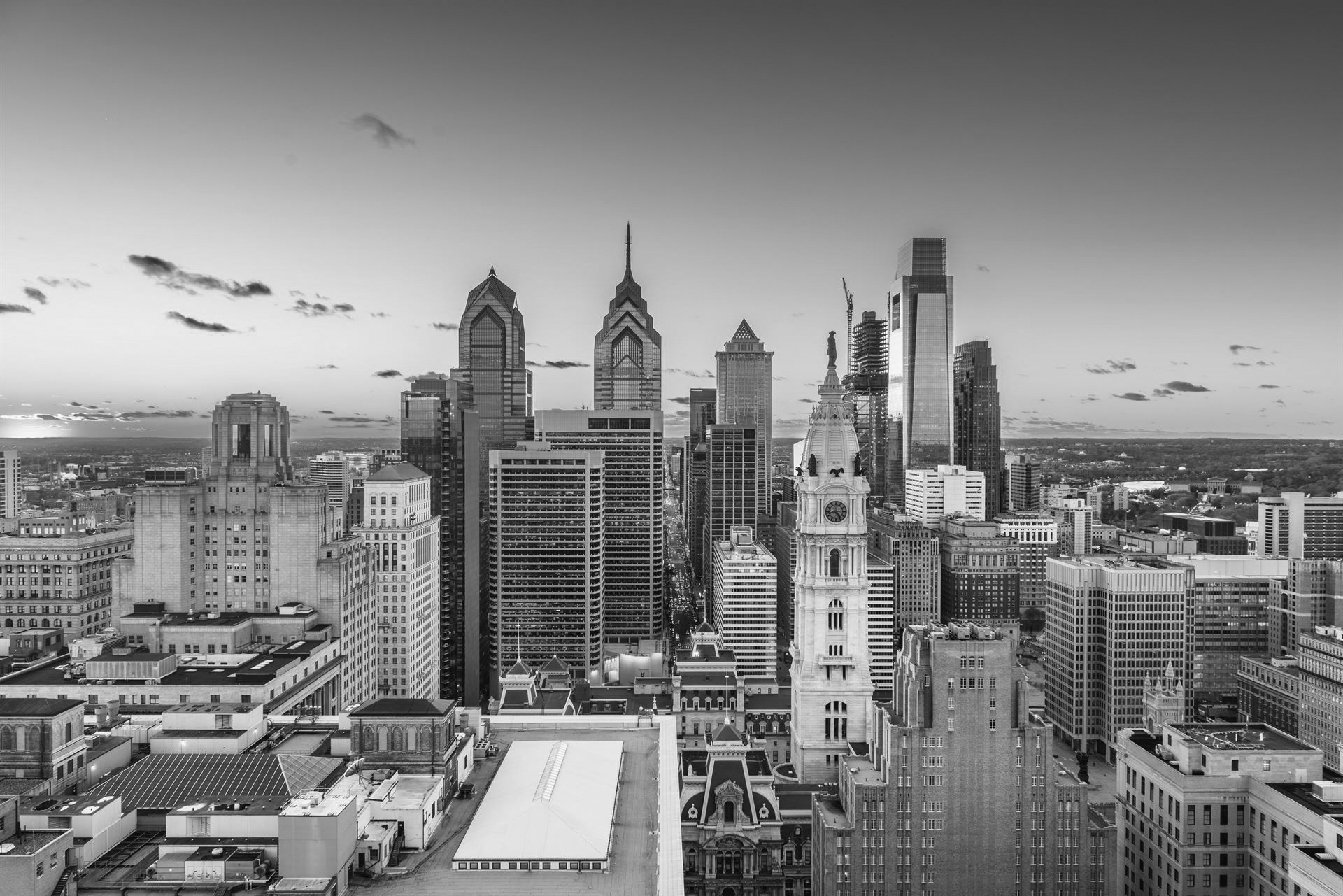 Philadelphia, Pennsylvania, USA skyline over Center City at sunset.