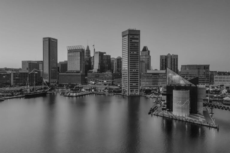 Baltimore city skyline in black and white
