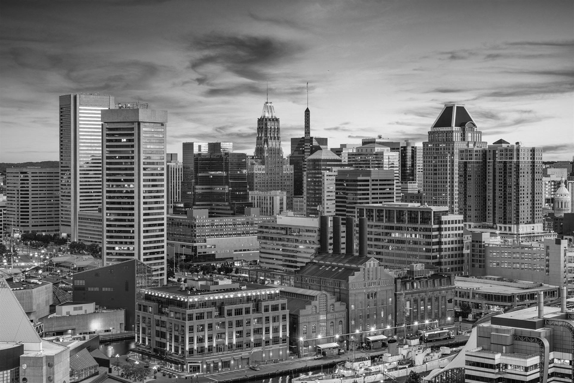 Baltimore, Maryland, USA Skyline over the Inner Harbor at dusk.