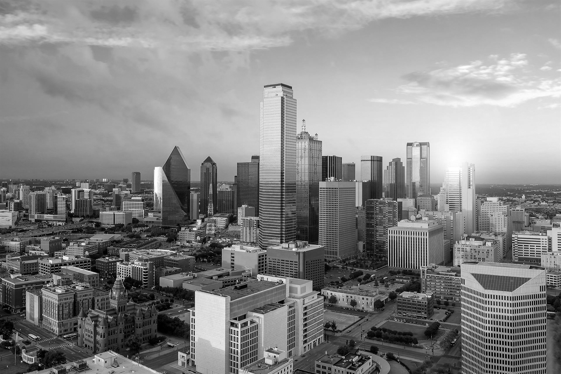 Dallas, Texas cityscape with blue sky at sunset, Texas