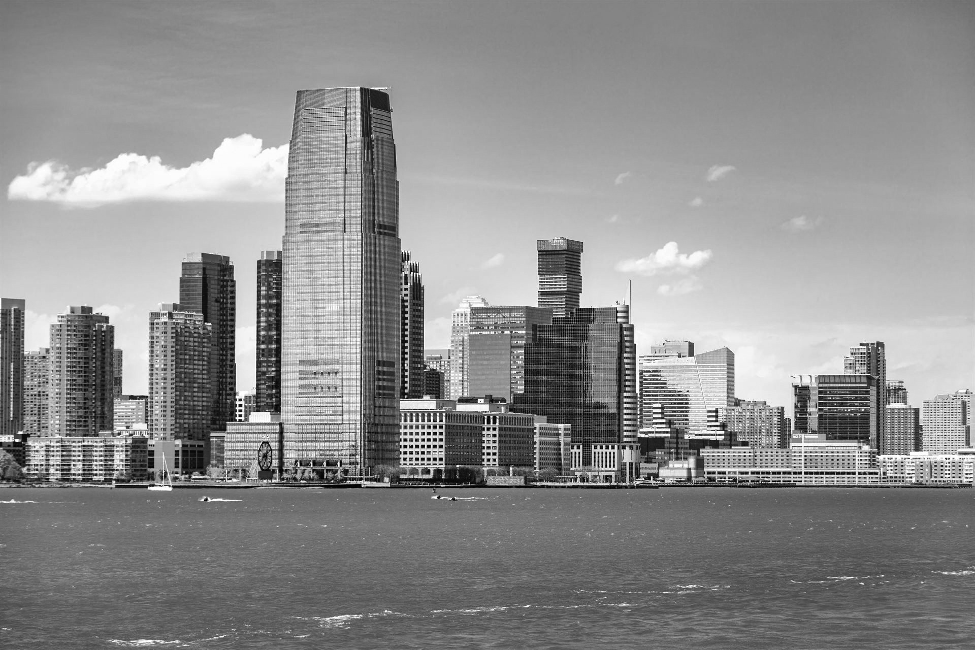 Jersey City skyline viewed from a boat sailing the Upper Bay