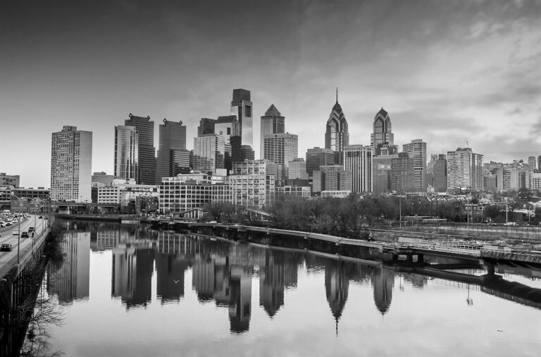 Black and White photo of Downtown Skyline of Philadelphia, Pennsylvania at twilight in USA