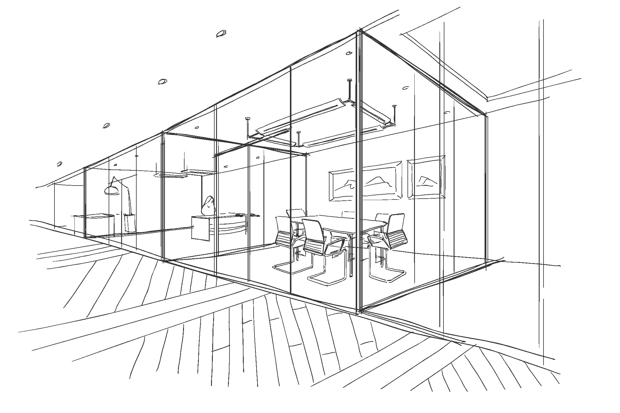 Line sketch of a row of glass offices