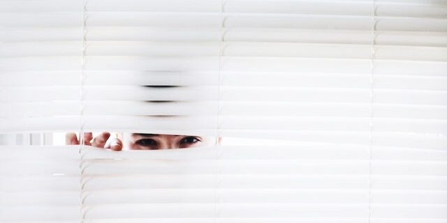 person peaking in blinds for reference check