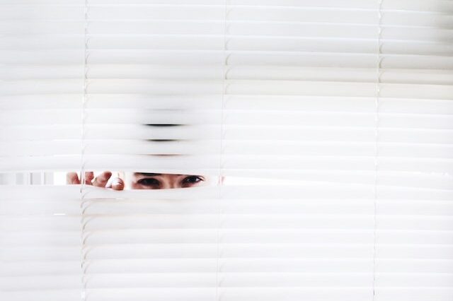 person peaking in blinds for reference check