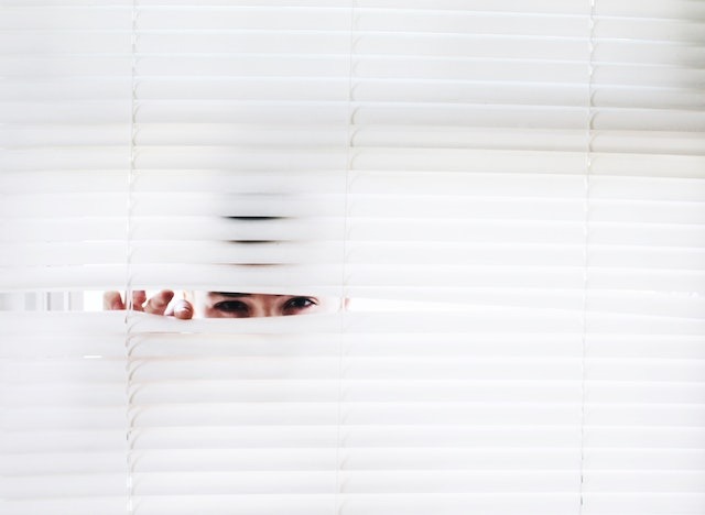 person peaking in blinds for reference check